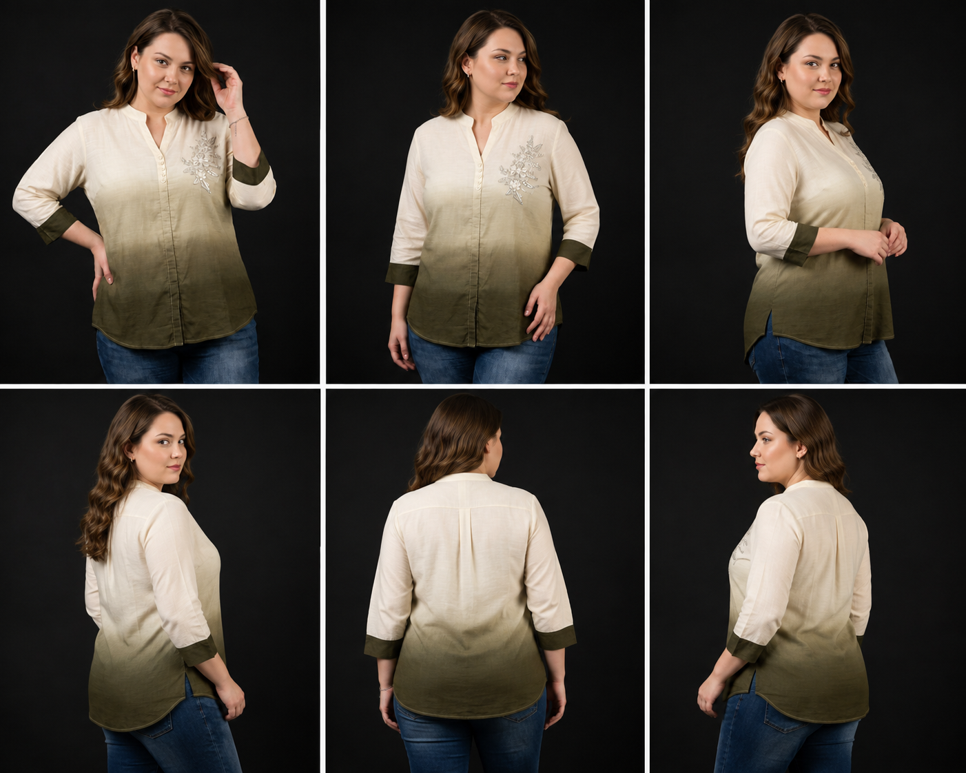 Ajmera Fashion Women’s Cream & Olive Green Ombre Embroidered Shirt - Image 2