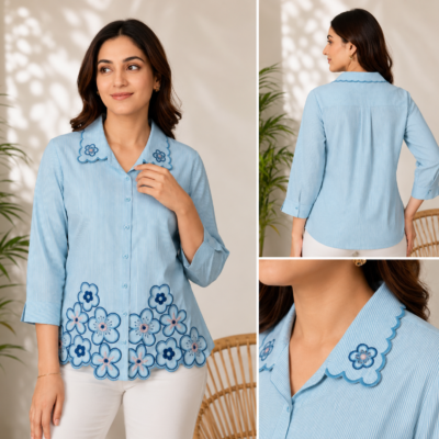 Ajmera Fashion Women’s Sky Blue Floral Embroidered Shirt