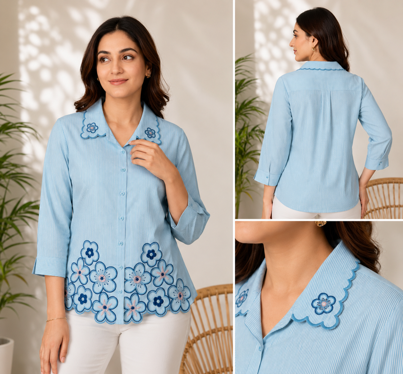 Ajmera Fashion Women’s Sky Blue Floral Embroidered Shirt