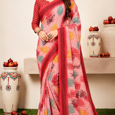 Printed Pink & Red Butterfly Design Saree with Polka Dot Blouse