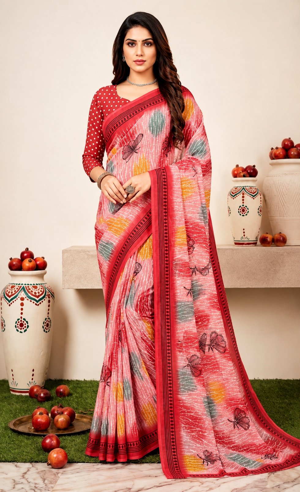 Printed Pink & Red Butterfly Design Saree with Polka Dot Blouse