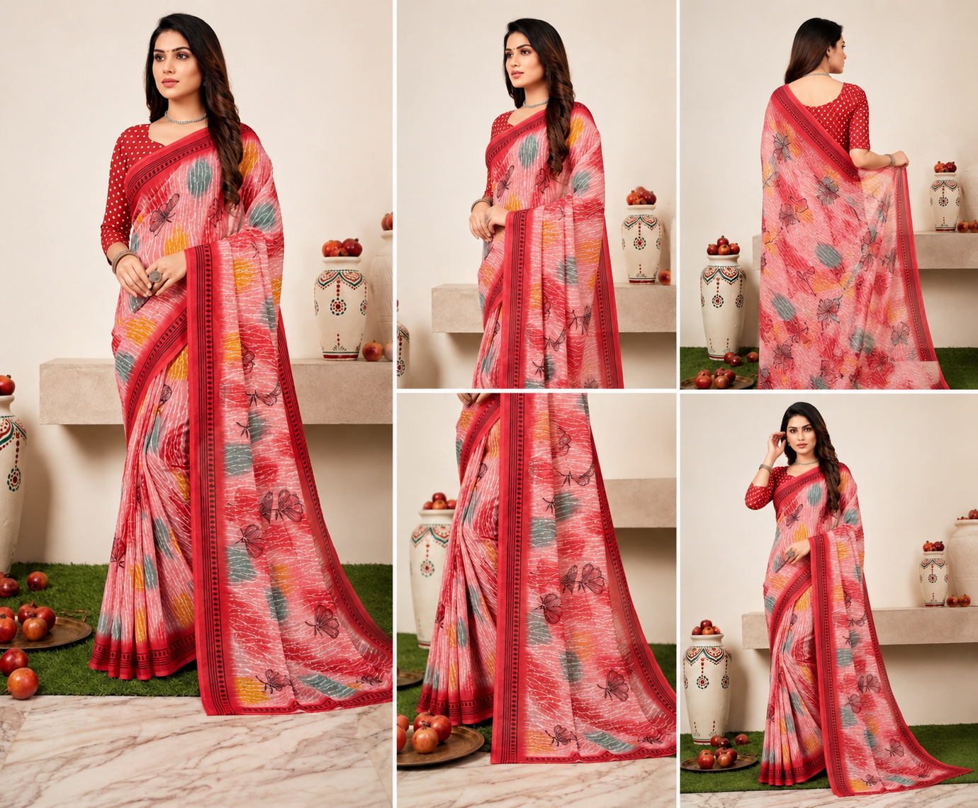 Printed Pink & Red Butterfly Design Saree with Polka Dot Blouse - Image 2
