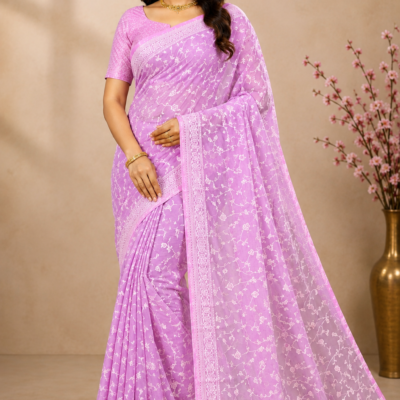Lavender Pink Floral Print Saree with Designer Border | Feeling Celebration