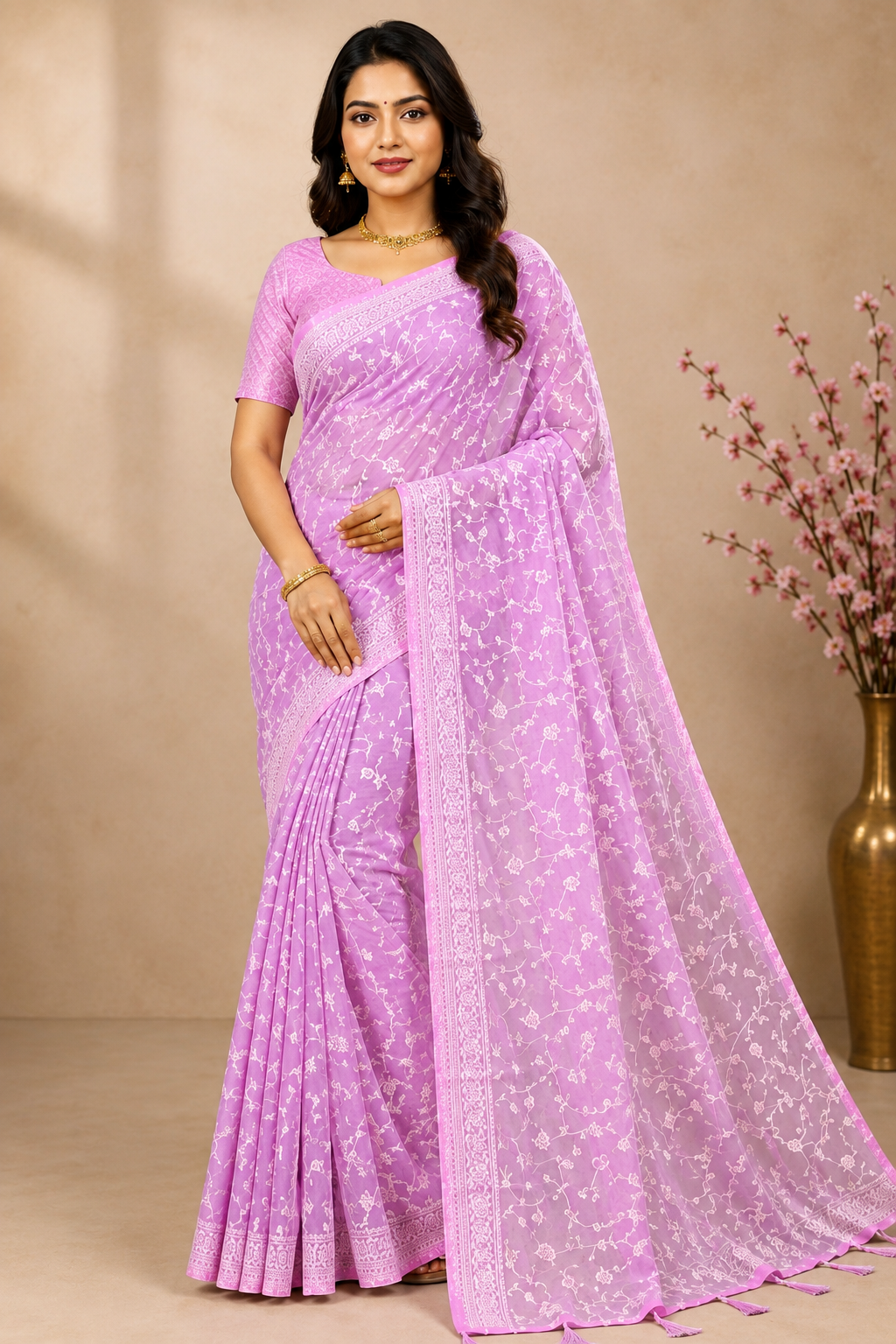 Lavender Pink Floral Print Saree with Designer Border