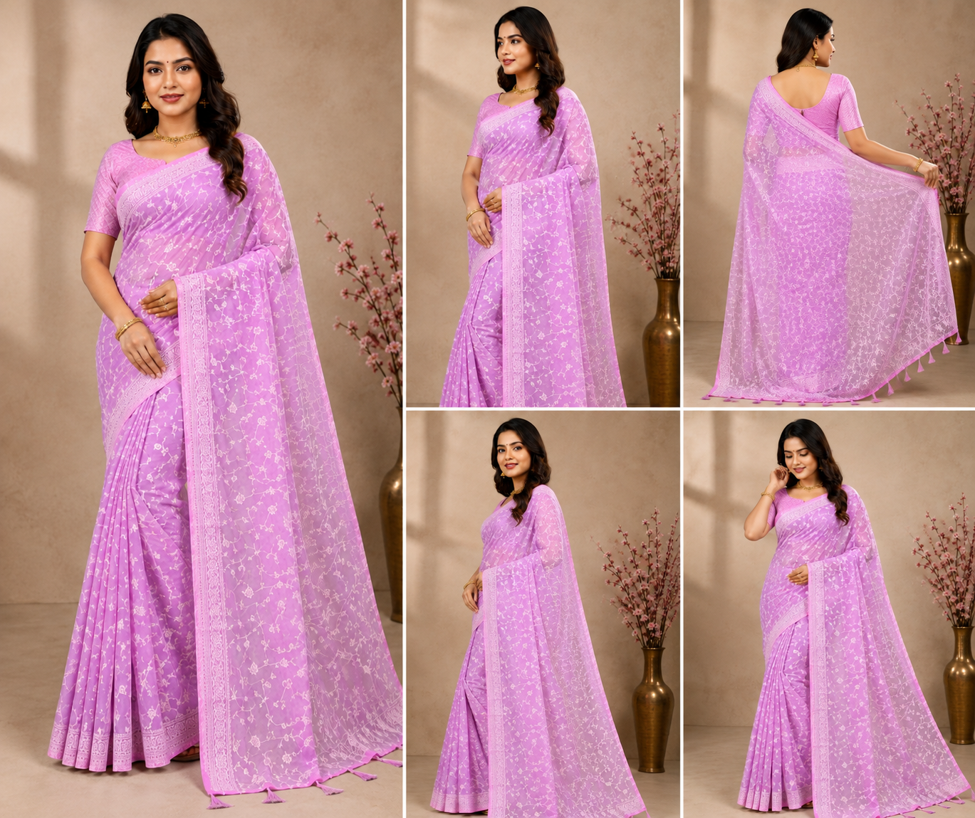 Lavender Pink Floral Print Saree with Designer Border - Image 2