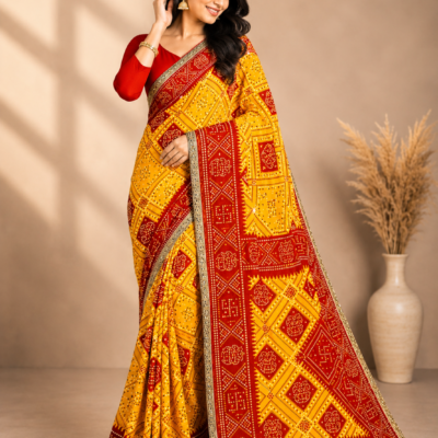 Red & Yellow Bandhani Printed Saree with Designer Pallu | Feeling Celebration