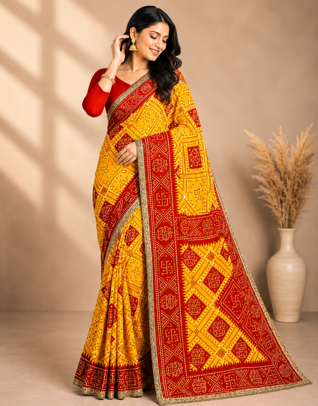 Red & Yellow Bandhani Printed Saree with Designer Pallu