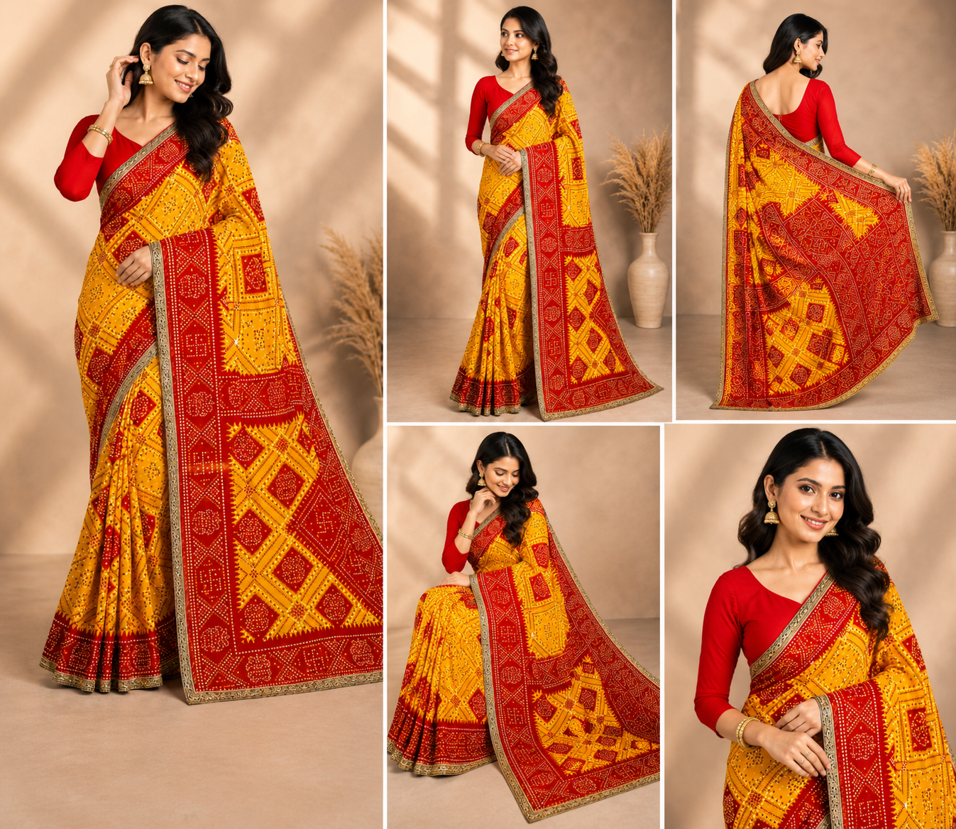 Red & Yellow Bandhani Printed Saree with Designer Pallu - Image 2