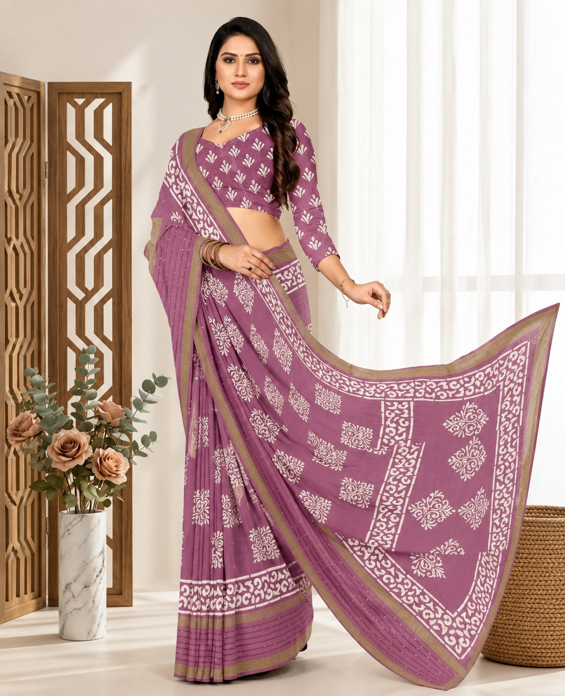 Mauve Purple Floral Printed Saree with Designer Border
