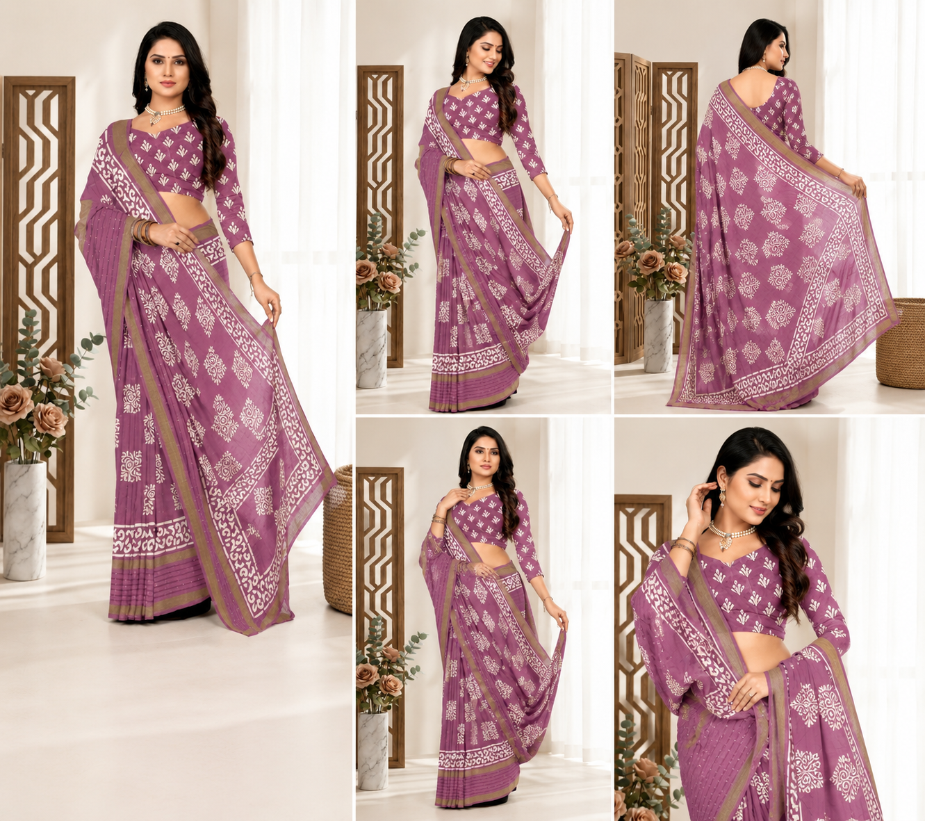 Mauve Purple Floral Printed Saree with Designer Border - Image 2
