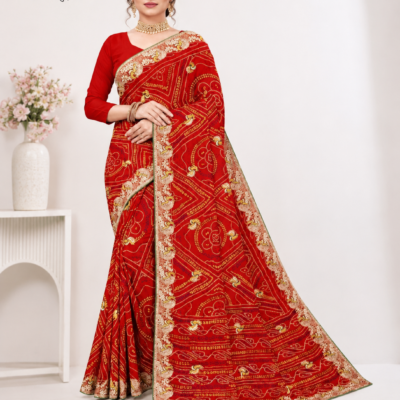 Red Printed Designer Saree with Floral Border