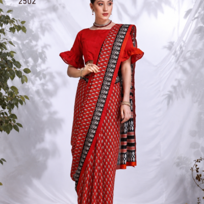 Womaniya 2502 Red Printed Saree with Black & White Border
