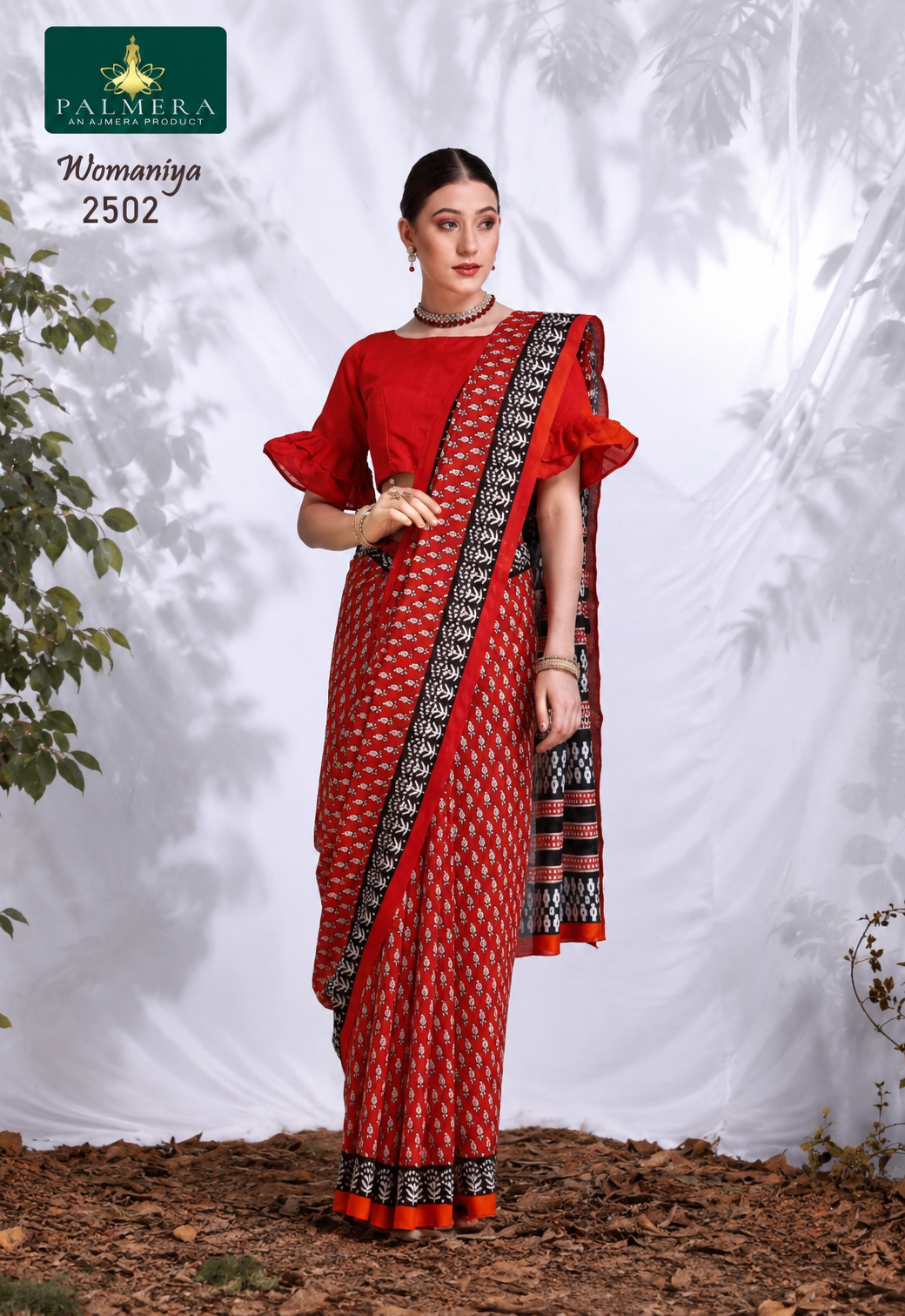 Womaniya 2502 Red Printed Saree with Black & White Border