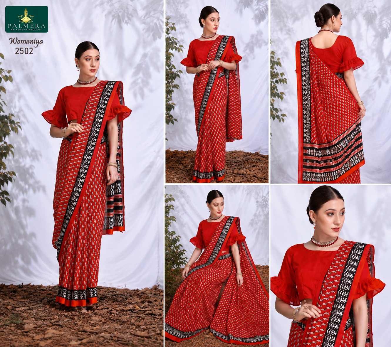 Womaniya 2502 Red Printed Saree with Black & White Border - Image 2
