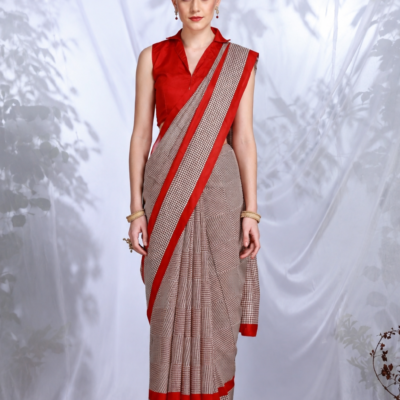 Womaniya 2509 Red & Beige Printed Saree with Red Border