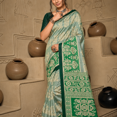 Womaniya 20902 Sage Green Printed Saree with Green Designer Border