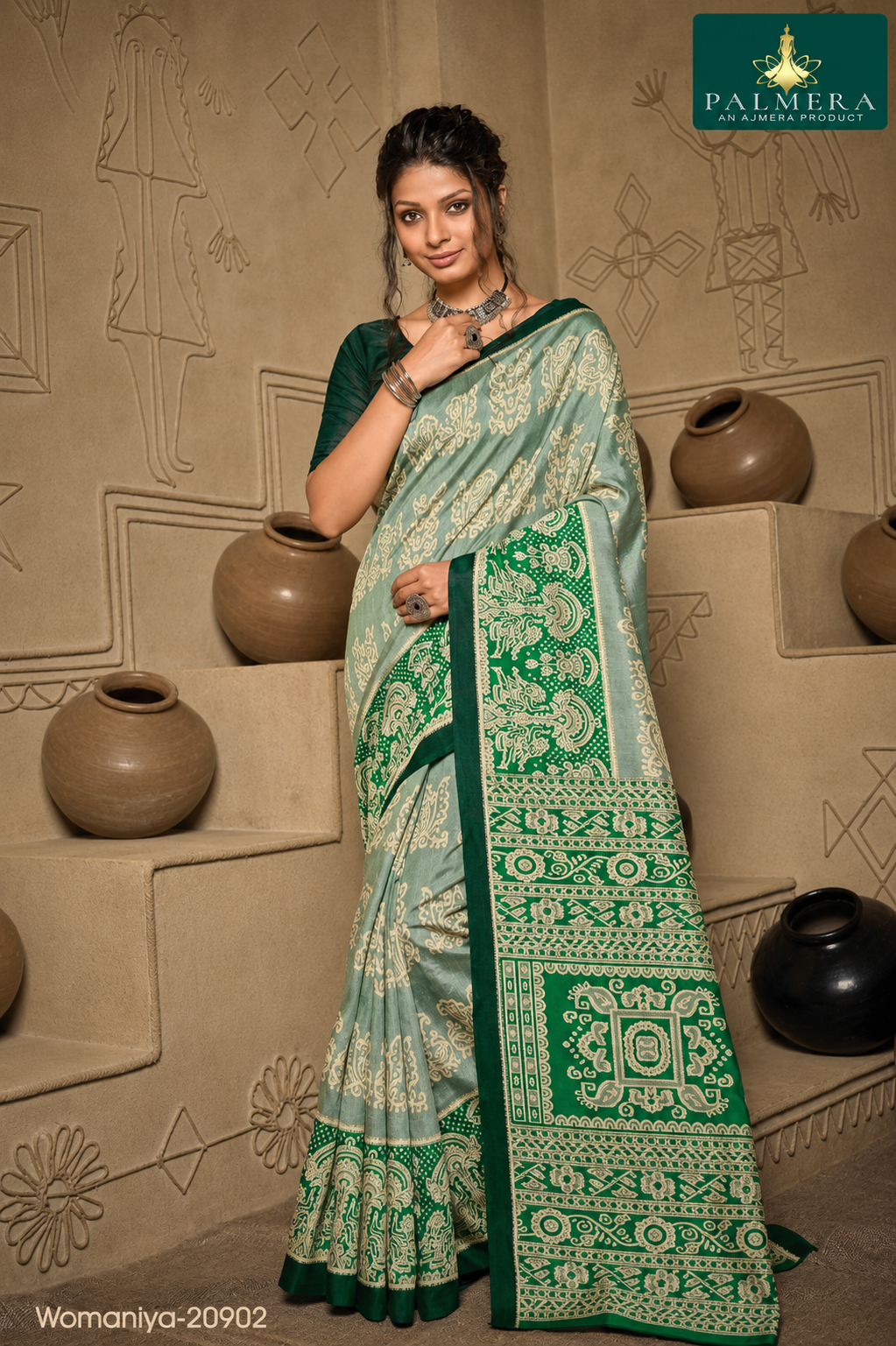 Womaniya 20902 Sage Green Printed Saree with Green Designer Border