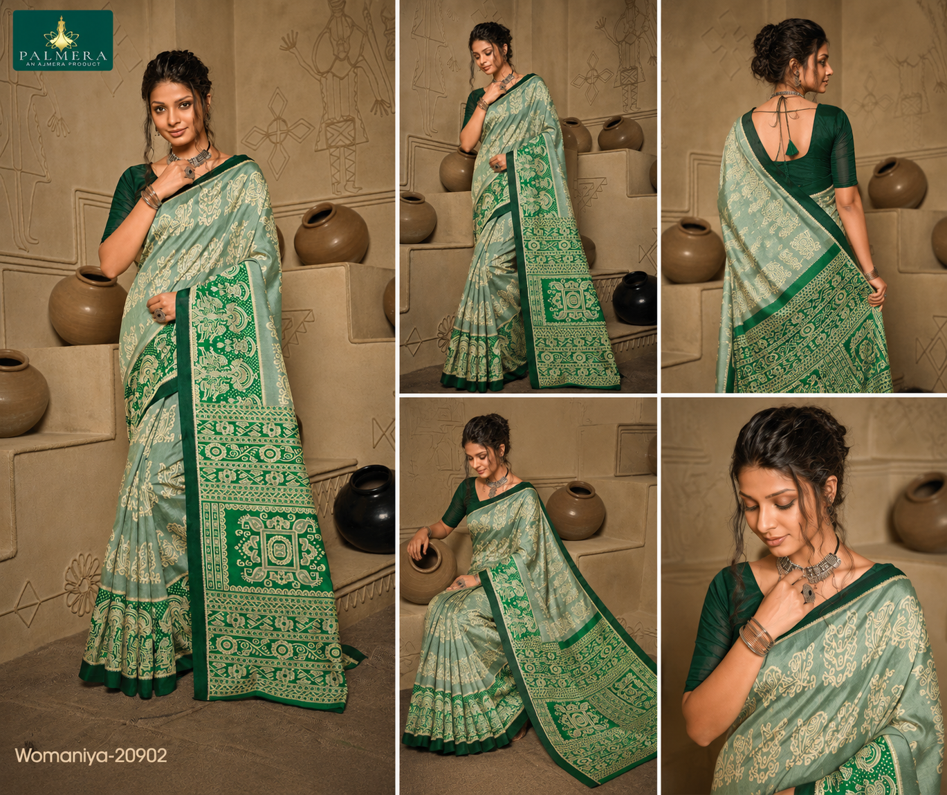 Womaniya 20902 Sage Green Printed Saree with Green Designer Border - Image 2