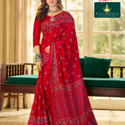 Womaniya Vol-21 21901 Red Printed Saree with Blue Floral Motifs