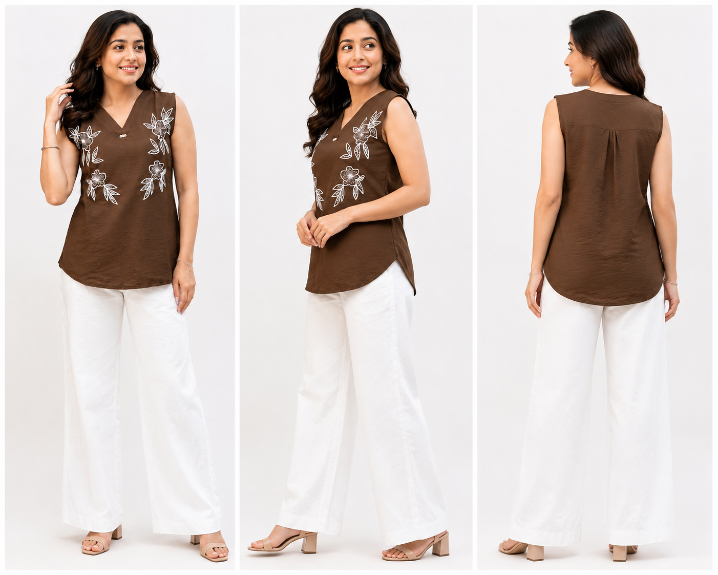 Women’s Chocolate Brown Floral Embroidered Sleeveless Top with White Wide-Leg Pants - Image 2