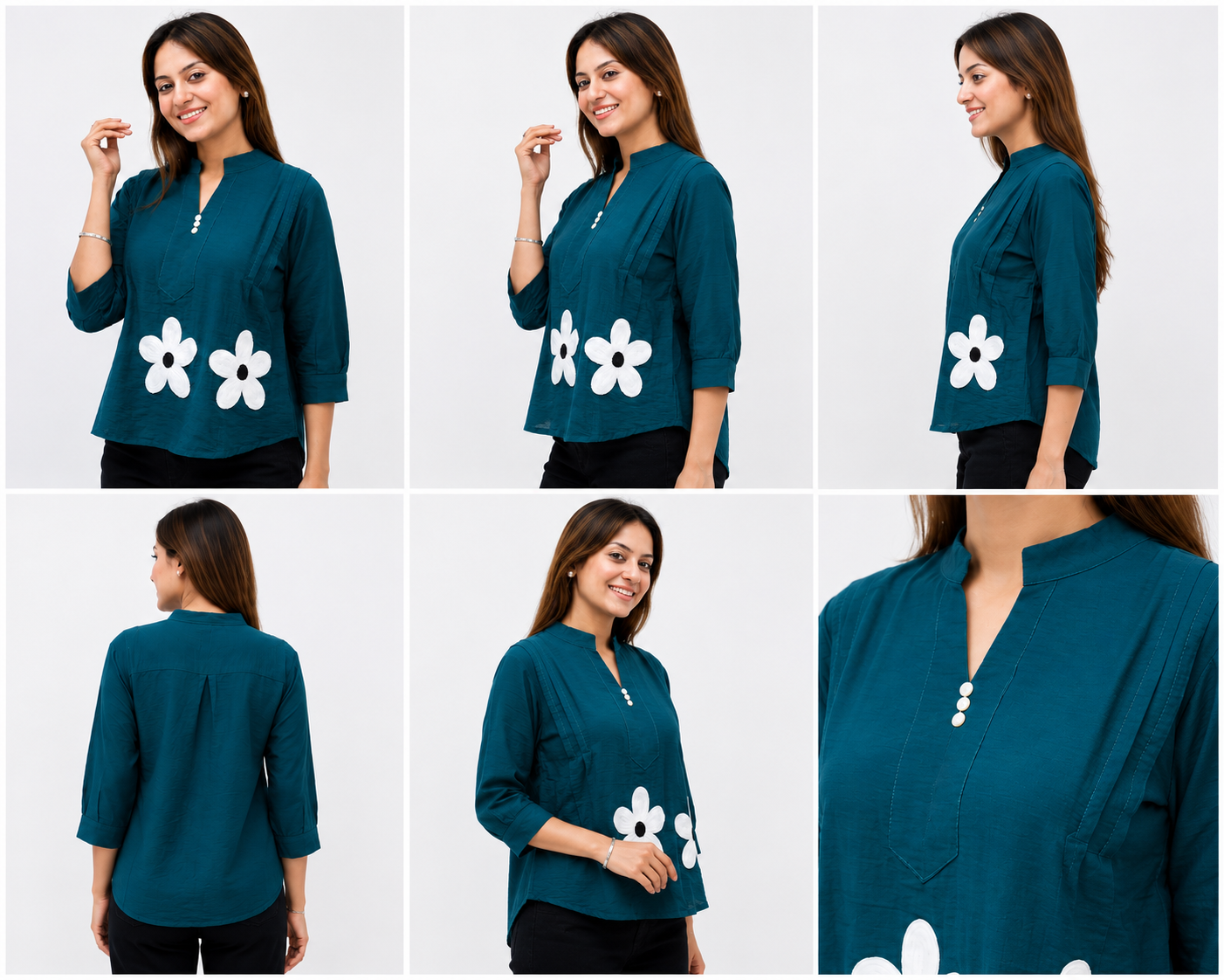 Women’s Teal Blue Floral Embroidered Full-Sleeve Top - Image 2