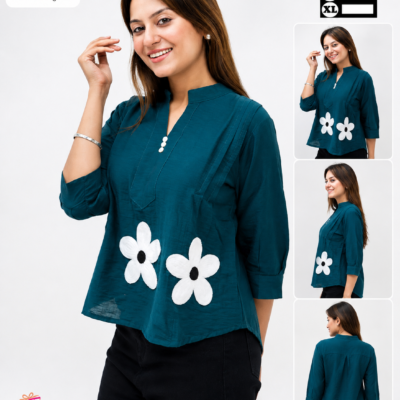 Women’s Teal Blue Floral Embroidered Full-Sleeve Top