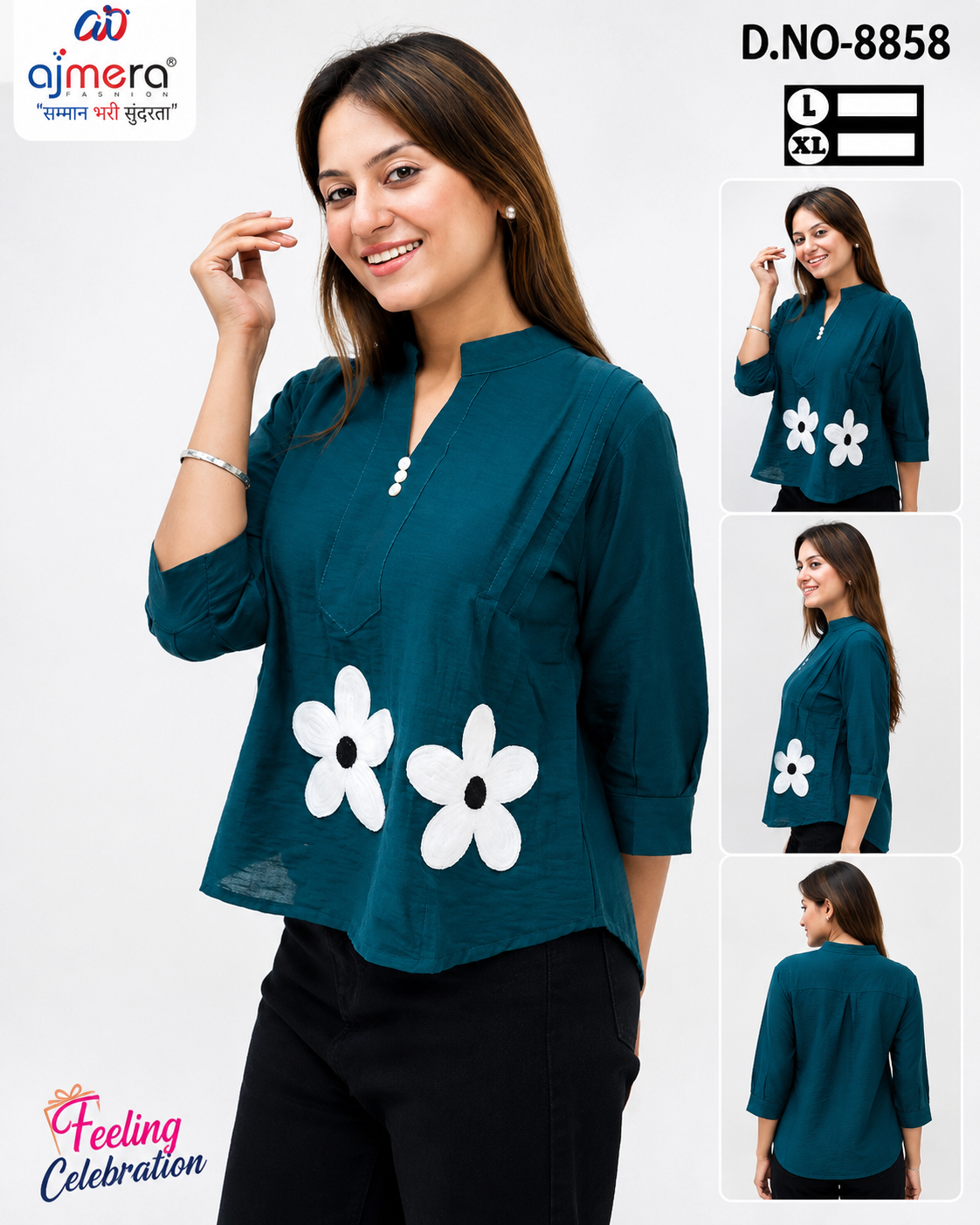 Women’s Teal Blue Floral Embroidered Full-Sleeve Top