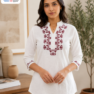 Women’s White Embroidered Kurti with Burgundy Floral Work