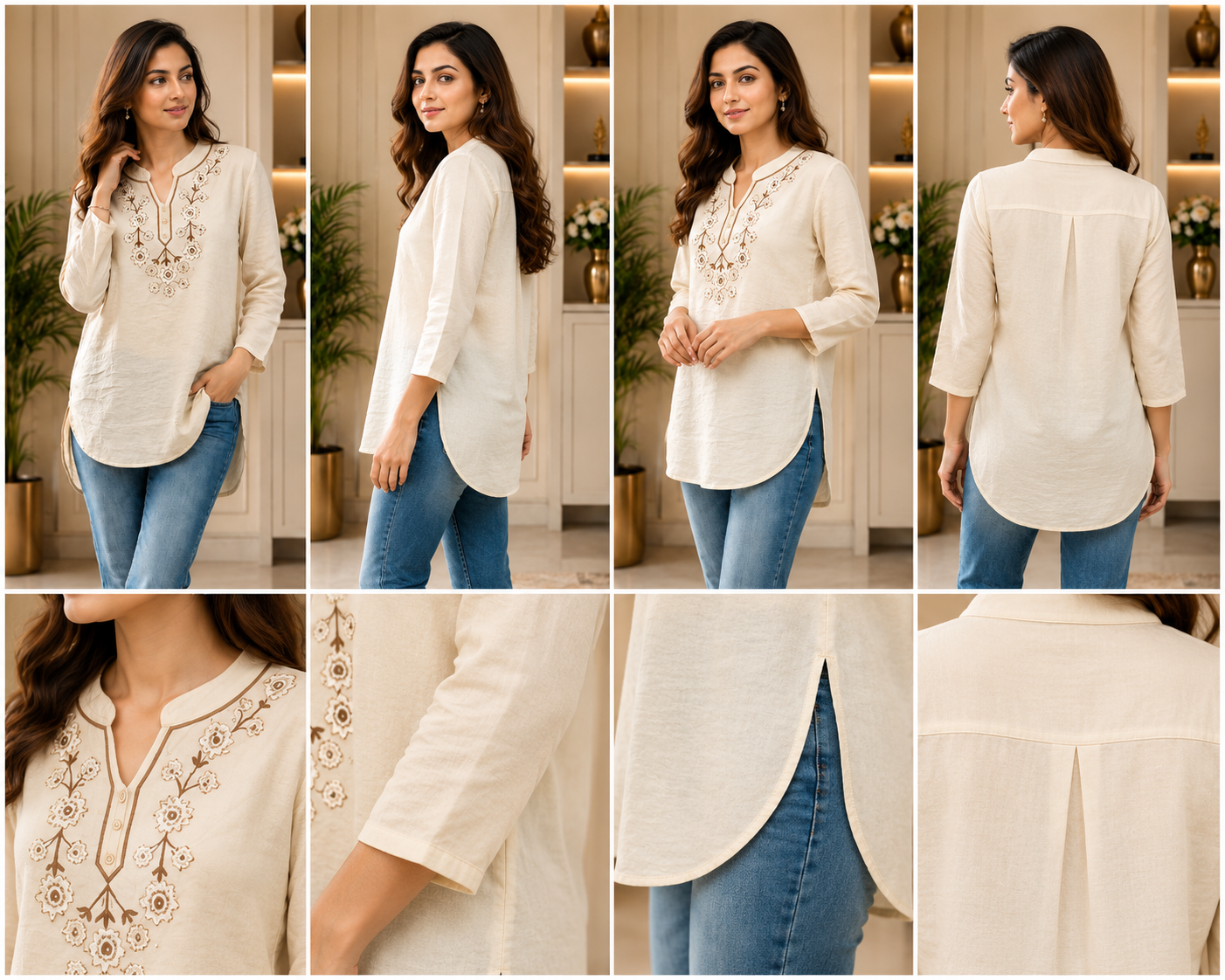 Women’s Cream Embroidered Longline Kurti/Tunic - Image 2