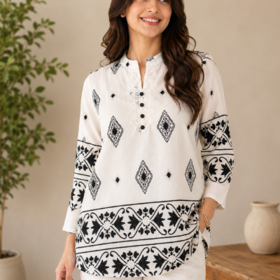 Women’s White & Black Printed Embroidered Kurti Set