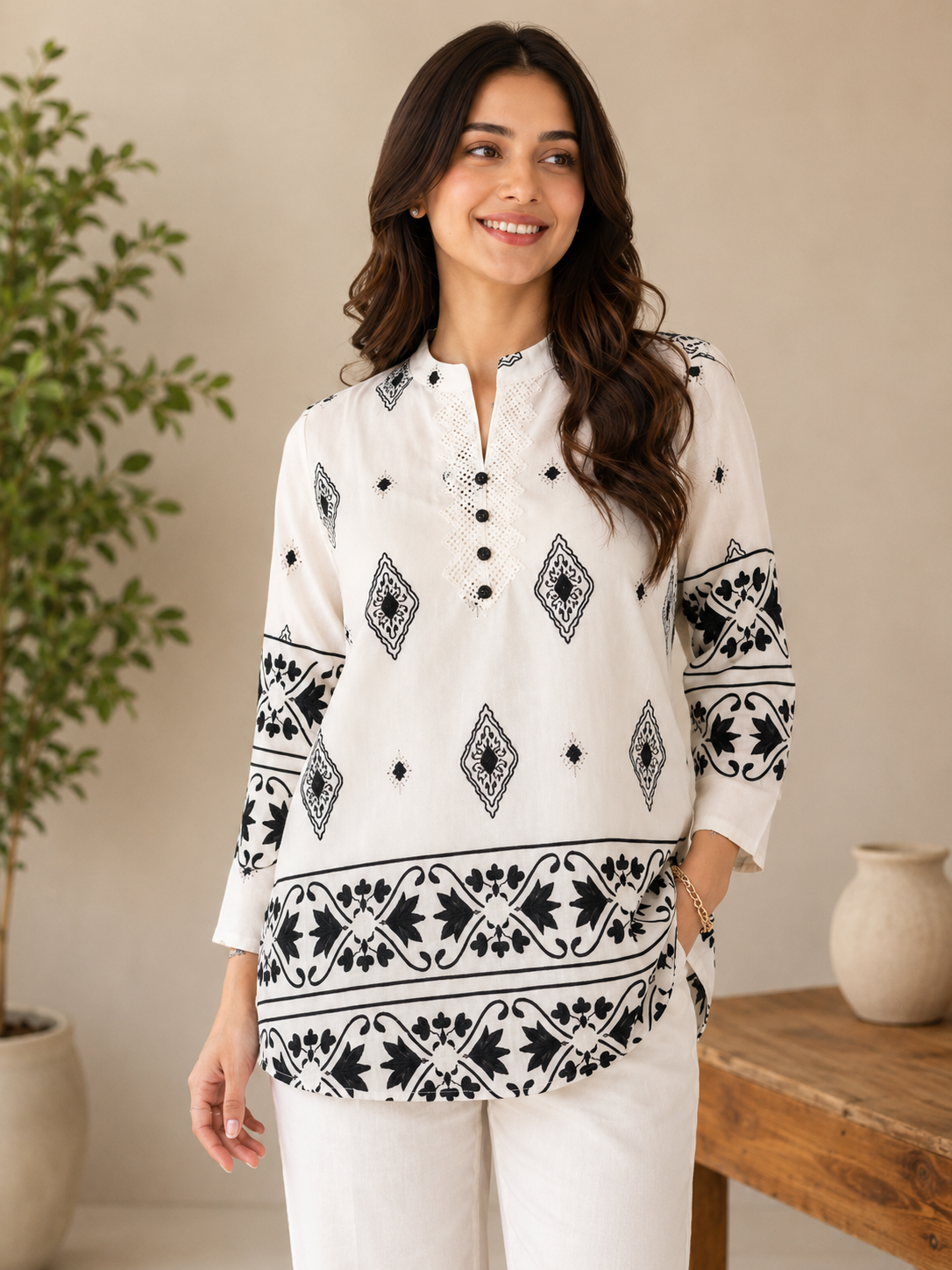Women’s White & Black Printed Embroidered Kurti Set