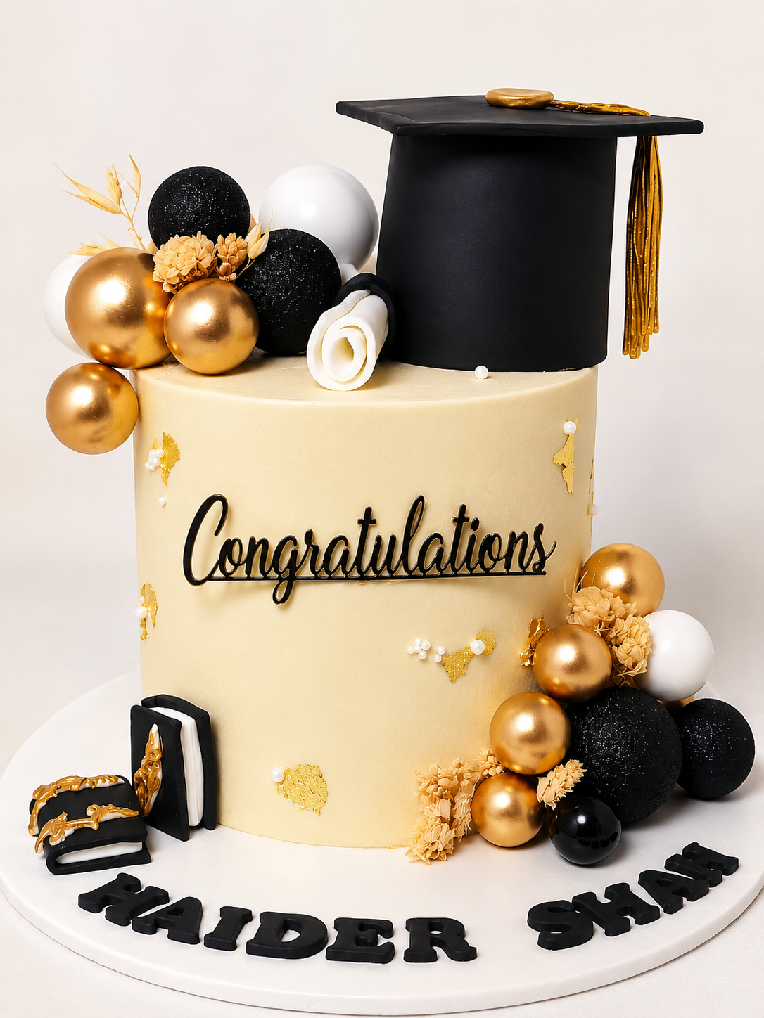 Elegant Black & Gold Graduation Cake with Cap