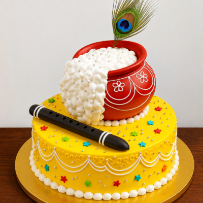 Matka Janmashtami Cake with Peacock Feather & Flute