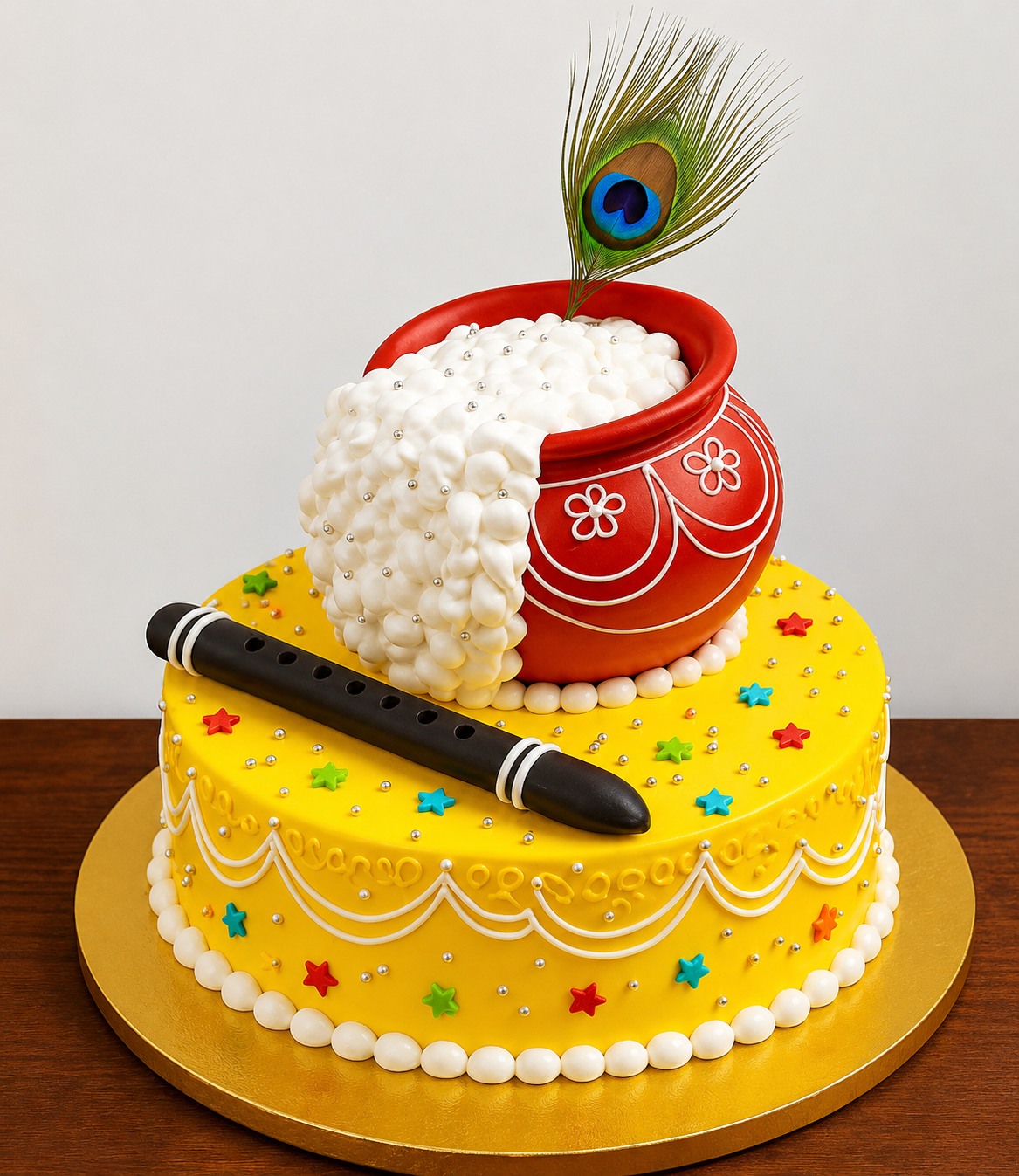 Matka Janmashtami Cake with Peacock Feather & Flute