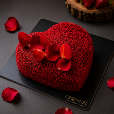 Heart Shape Red Velvet Cake with Rose Petals