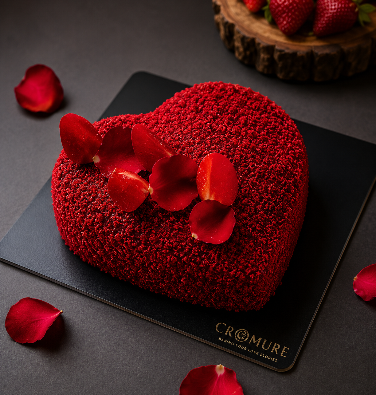 Heart Shape Red Velvet Cake with Rose Petals