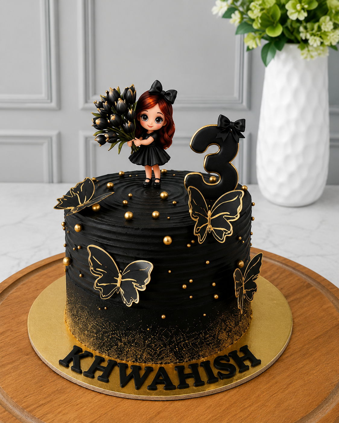 Black & Gold Butterfly Birthday Cake with Girl Topper