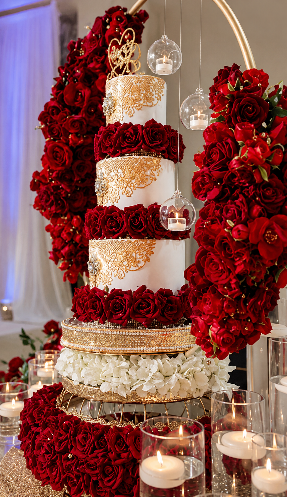 Royal Red Rose & Gold Wedding Cake