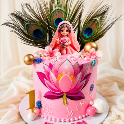Pink Lotus Peacock Feather 1st Birthday Cake