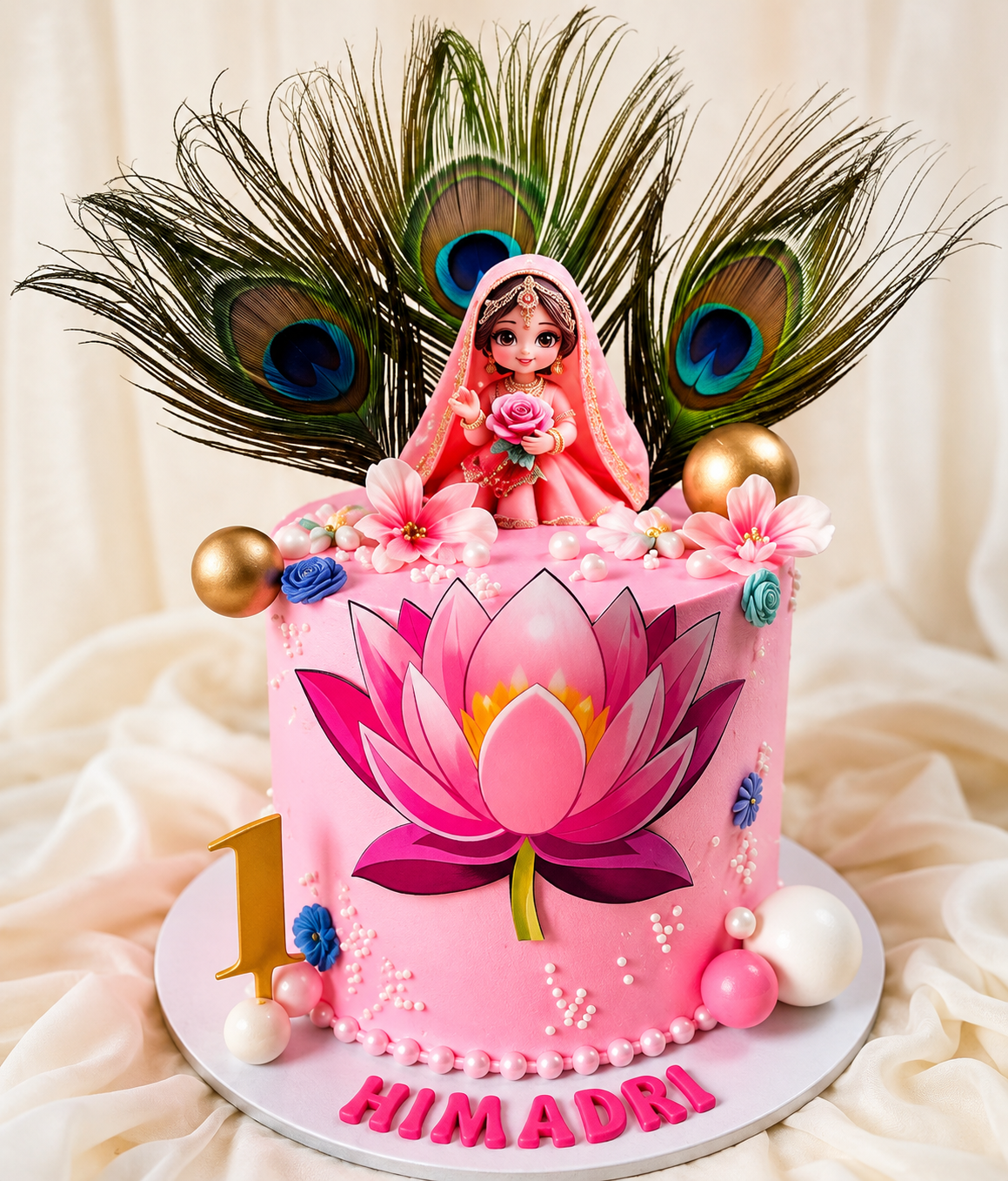 Pink Lotus Peacock Feather 1st Birthday Cake