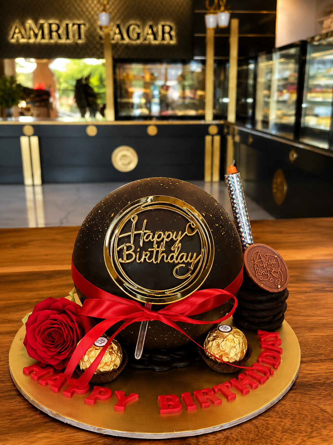Luxury Chocolate Birthday Dome Cake with Red Bow