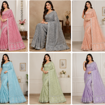 Sequin Work Designer Saree with Floral Border