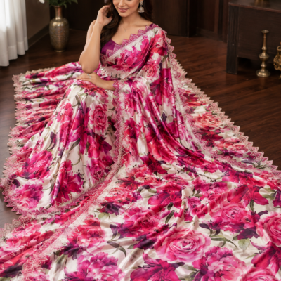 Pink Floral Printed Designer Saree