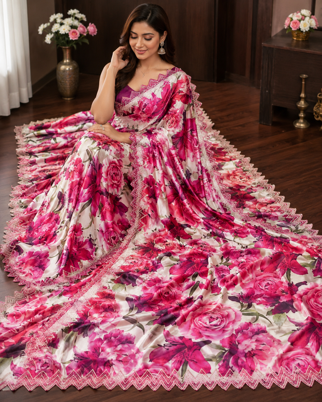 Pink Floral Printed Designer Saree
