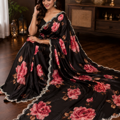 Black Floral Printed Designer Saree