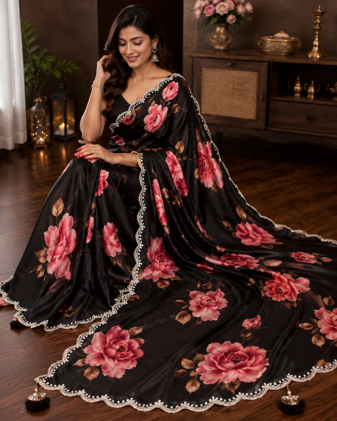 Black Floral Printed Designer Saree
