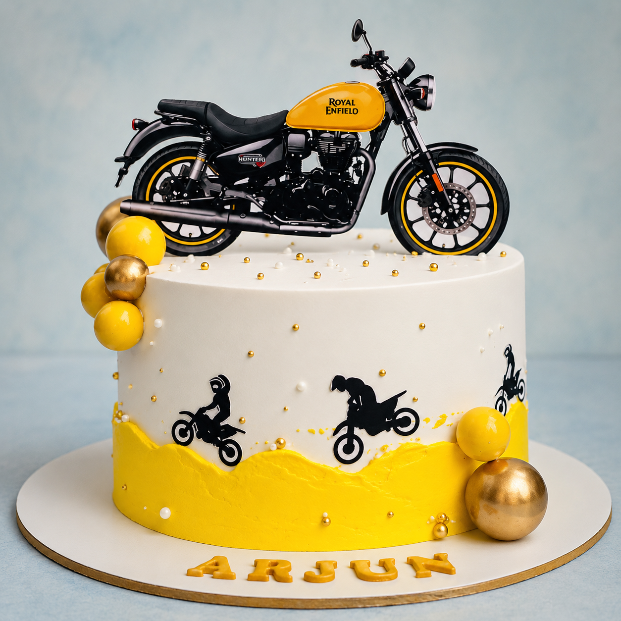 Royal Enfield Hunter Bike Theme Cake – Yellow & White Motorcycle Birthday Cake