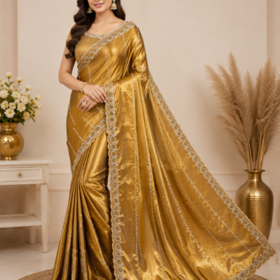 Golden Satin Designer Saree