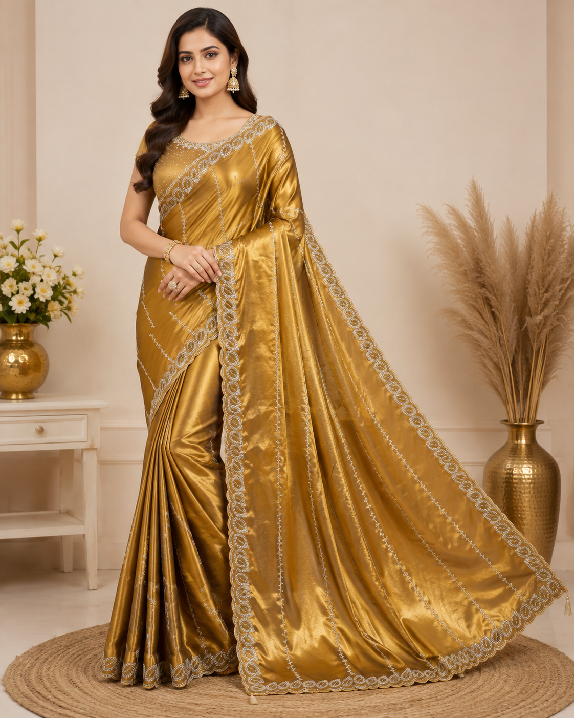 Golden Satin Designer Saree