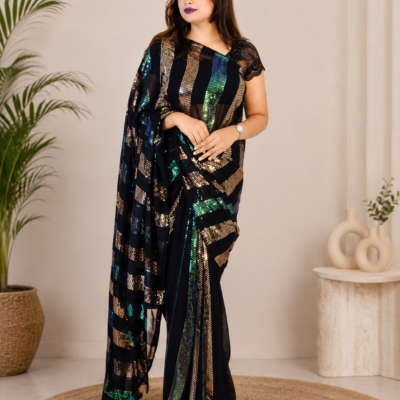Black Sequin Work Designer Saree